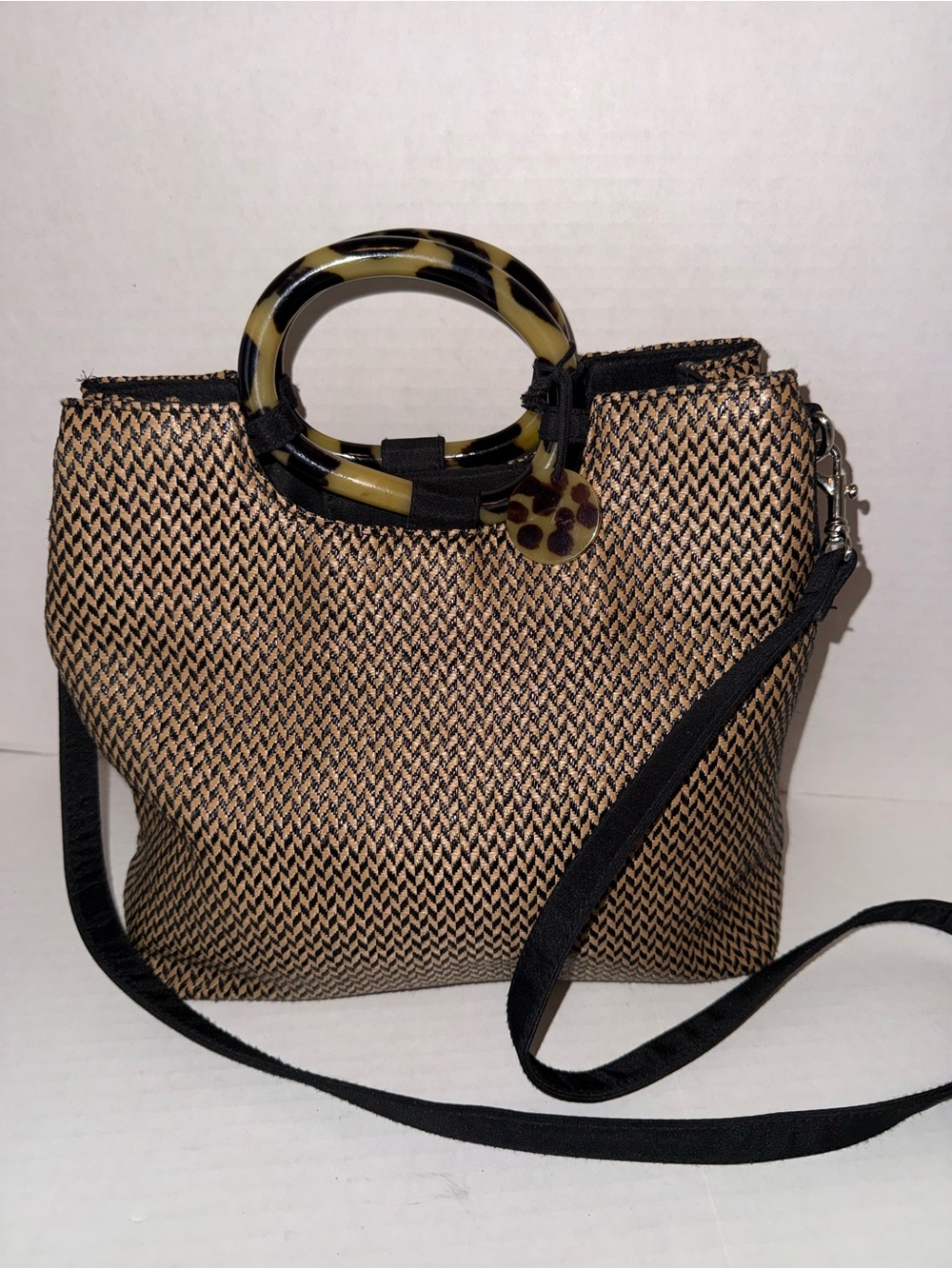 Woven Tan and Black Crossbody Bag with Tortoiseshell Handles